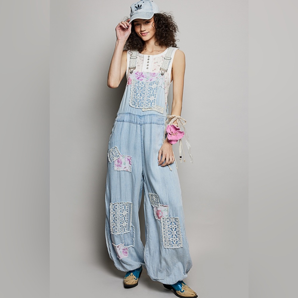 POL “ Chambray Bloom “ Patchwork Overalls | Denim Blue